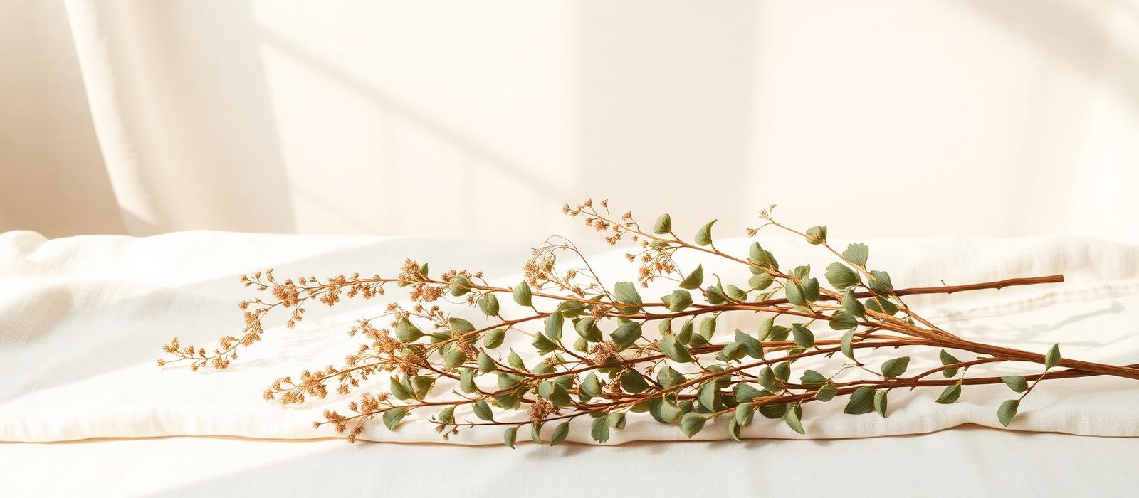 Herbes séchées posées sur une nappe de lin claire, en lumière naturelle