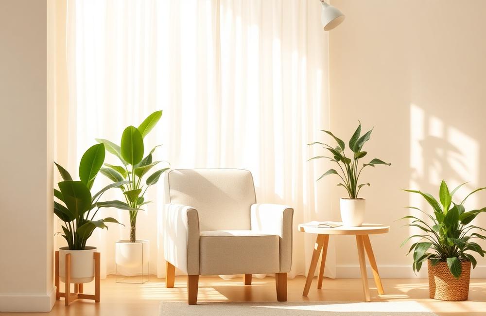 Intérieur clair et paisible d'un cabinet, fauteuil en lin et plantes près d'une fenêtre