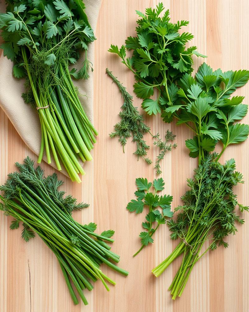 Légumes et herbes fraîches posés sur une table en bois clair