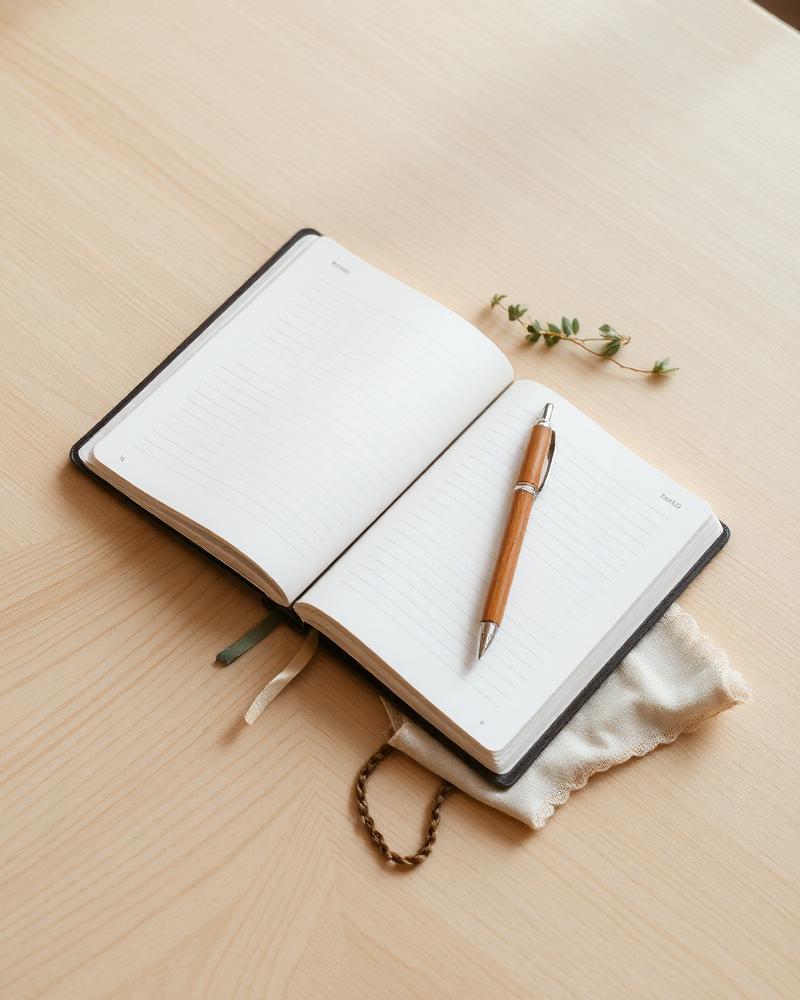 Carnet ouvert et stylo en bois sur un bureau clair, brin de verdure à côté