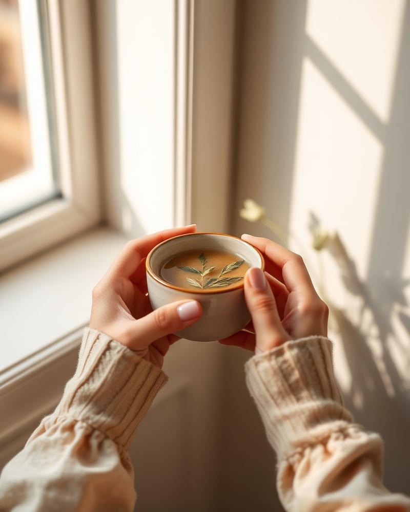 Mains tenant une tasse d'infusion près d'une fenêtre en lumière douce