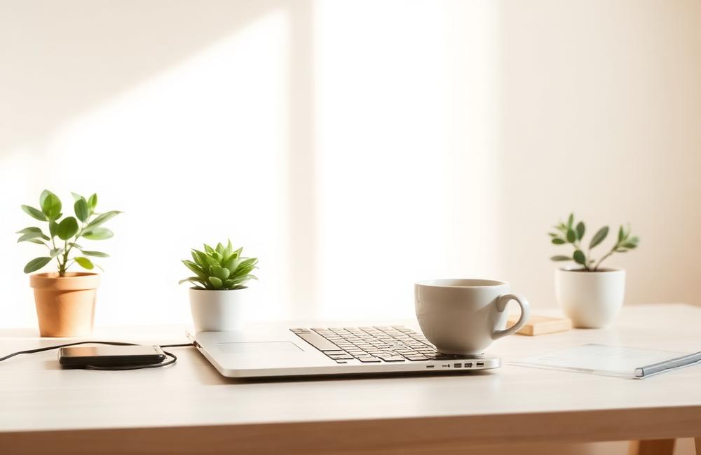 Bureau lumineux en bois clair avec un ordinateur portable, une tasse et des plantes vertes